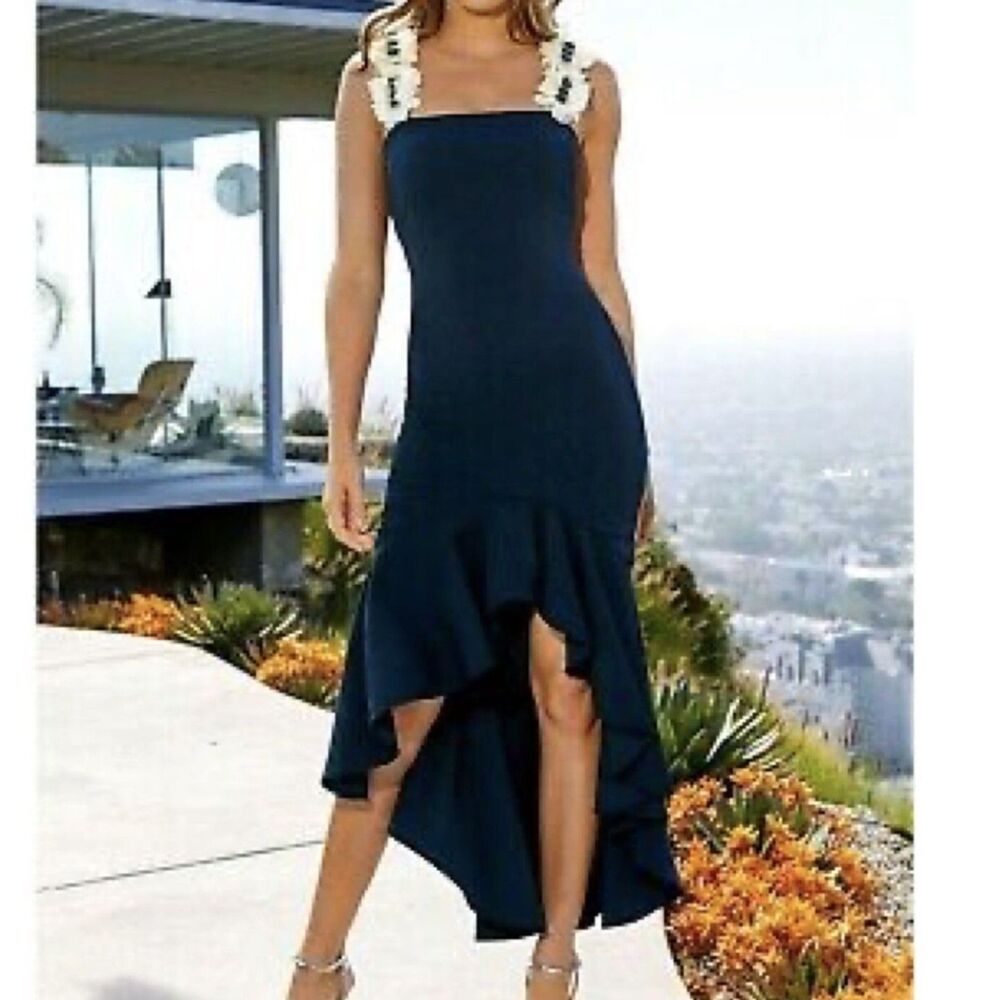 ALEXIA ADMOR Veronica Embellished Flower Strap High Low Dress NAVY Sz 10
